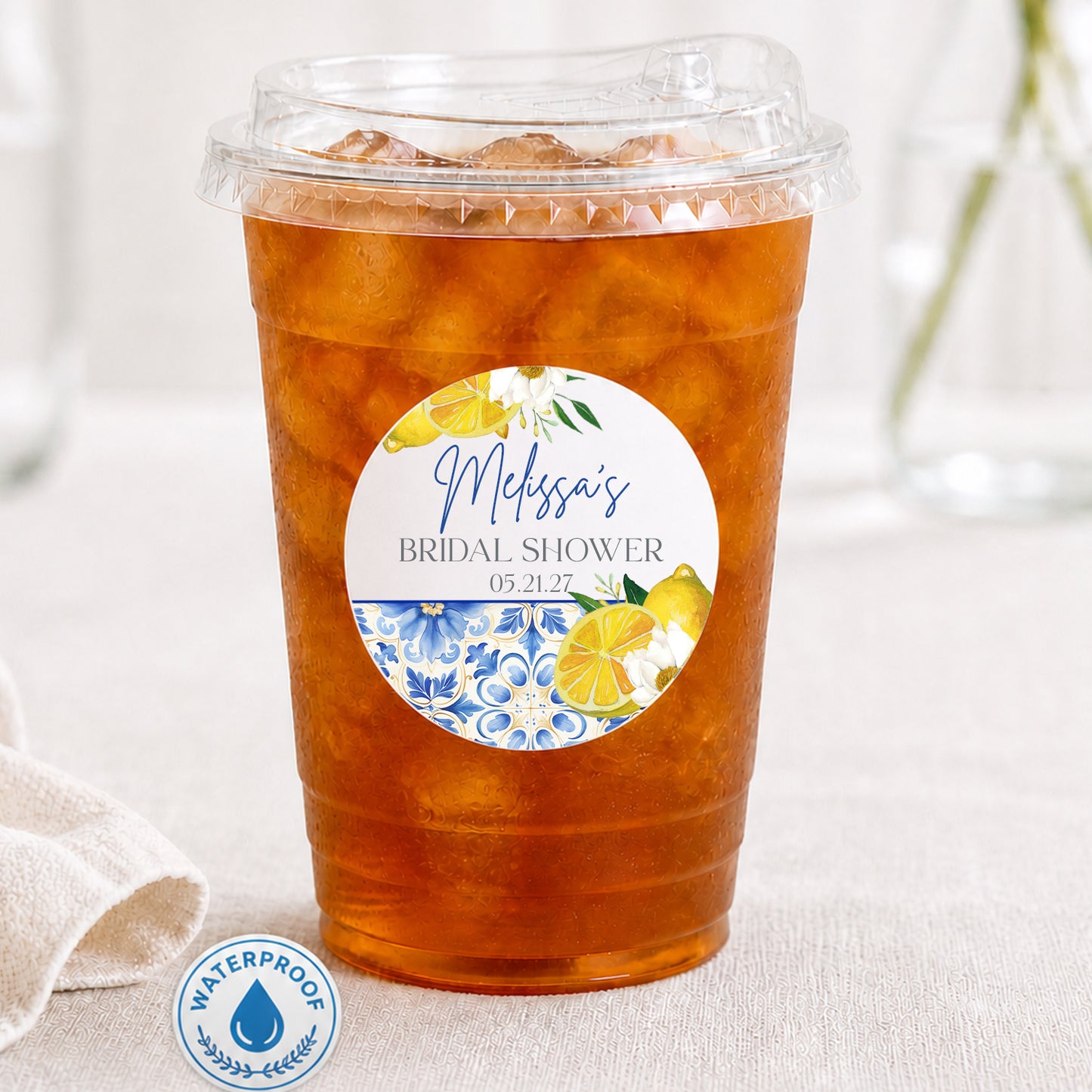 Personalized Amalfi lemon drink cups with waterproof stickers. Perfect for bridal showers, baby showers, and summer party drink stations.