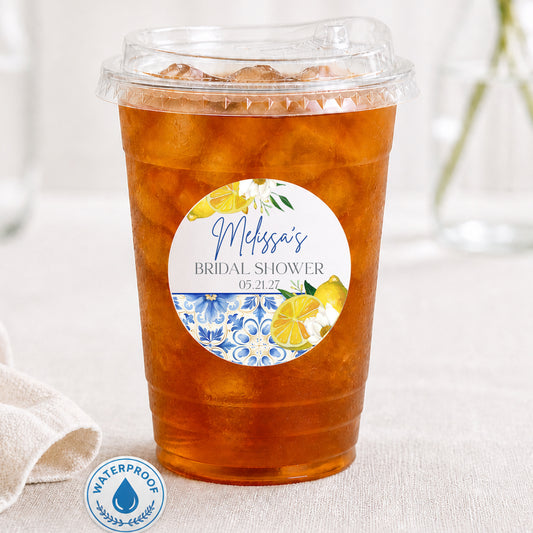 Personalized Amalfi lemon drink cups with waterproof stickers. Perfect for bridal showers, baby showers, and summer party drink stations.