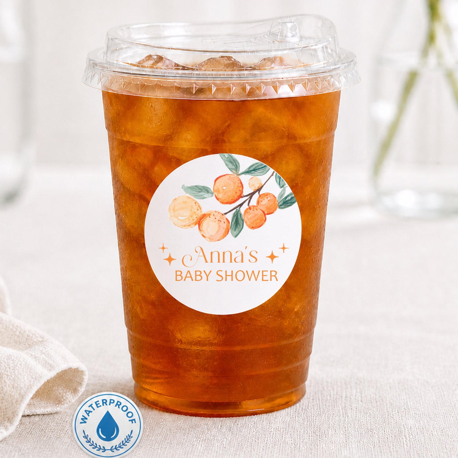 Personalized citrus-themed drink cups with waterproof stickers. Perfect for baby showers, parties, and drink stations.