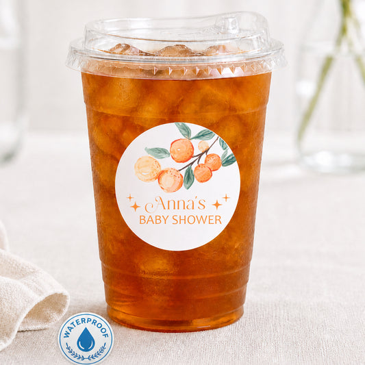 Personalized citrus-themed drink cups with waterproof stickers. Perfect for baby showers, parties, and drink stations.