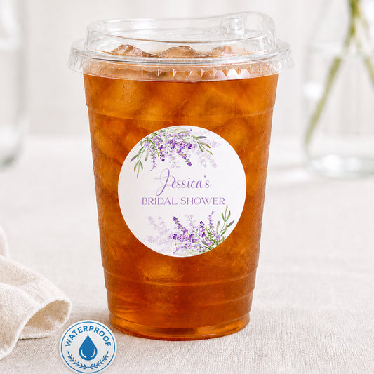 Elegant lavender personalized drink cups with waterproof stickers. Perfect for bridal showers, baby showers, and garden parties.