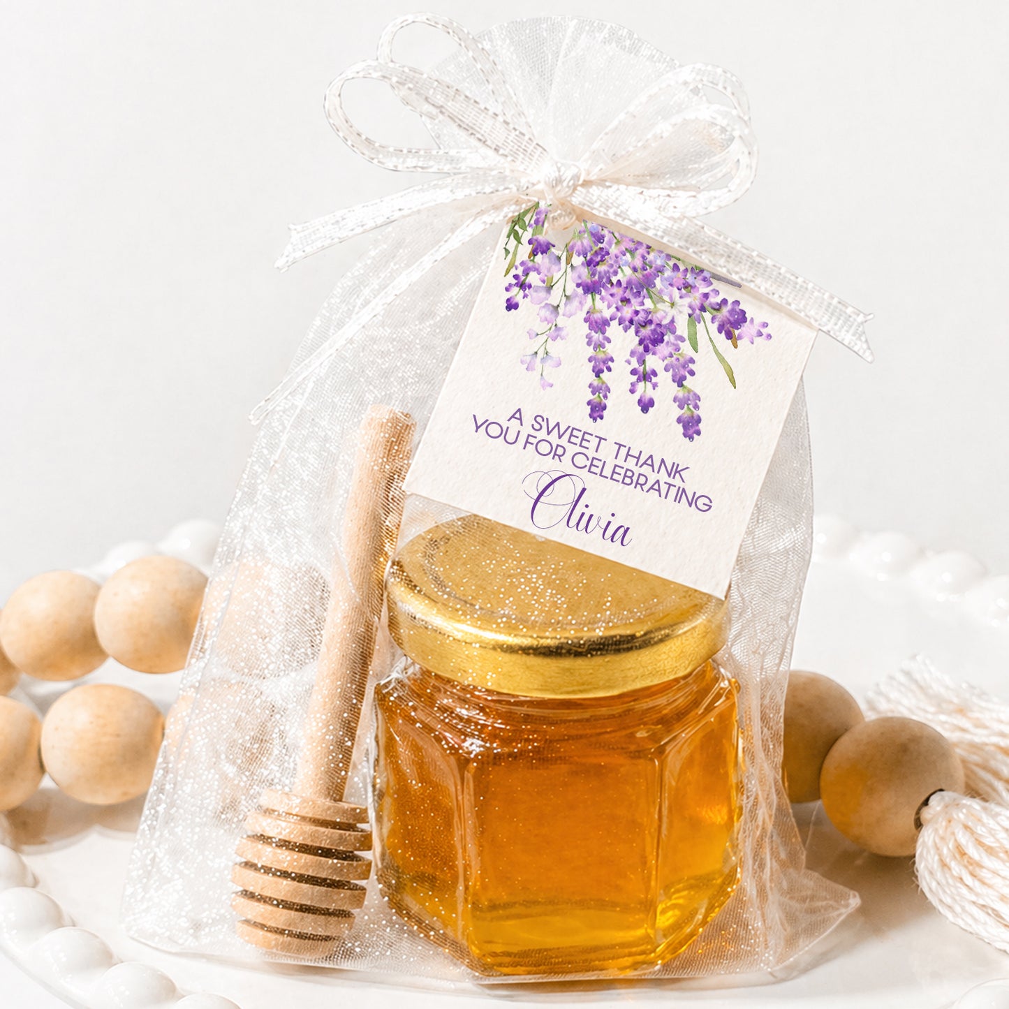 Lavender honey jar favor kit with mini glass jar, wooden dipper, sheer bag and personalized tag for baby shower or wedding