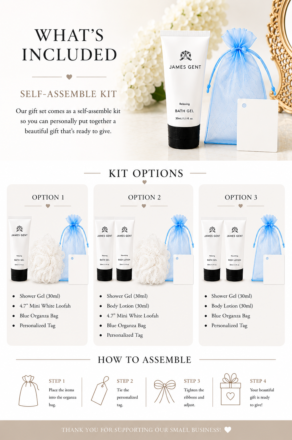 The image is a promotional advertisement for a gift set from James GENT, featuring a self-assembled kit with various products such as bath gel, shower gel, body lotion, and a blue gift bag. The kit options are presented in a visually appealing manner, with step-by-step instructions on how to assemble the gift set.