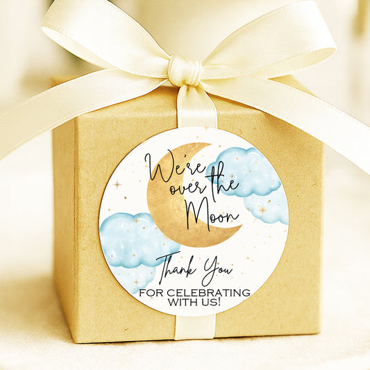 Over the Moon Baby Shower Stickers or Favor Tags | Set of 12 | Moon & Clouds Theme