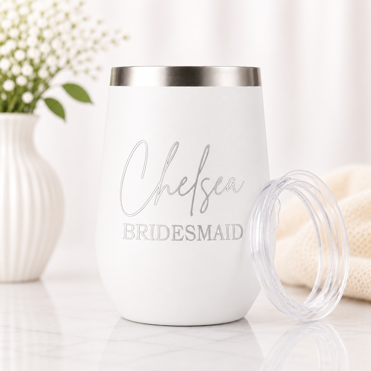 Personalized white insulated wine tumbler with a custom laser-engraved name and bridal party title. Features a stainless steel rim, clear lid, and double-wall insulation, making it a timeless bridal party gift, bridesmaid proposal gift, or wedding day keepsake.