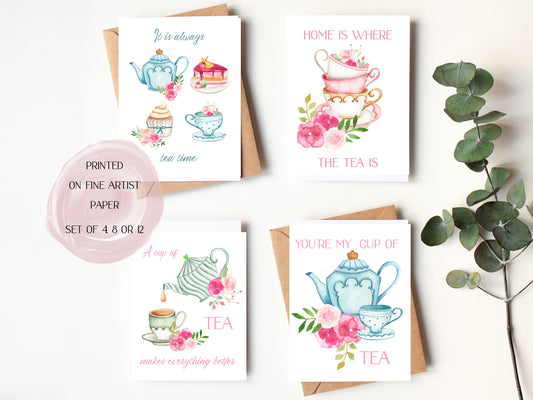 Tea note card set- just because tea card -  afternoon tea cards - tea time thank you cards - tea lovers card-  shipped card