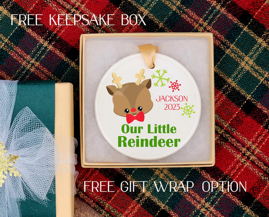 Boy reindeer ornament - Grandkids ornament - Kids reindeer Christmas ornament - Ceramic reindeer ornament - kids rudolph ornaments