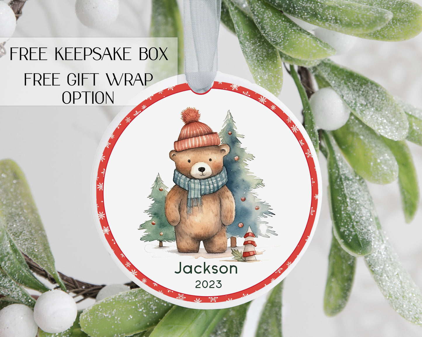 Bear ornament - Bear Christmas ornament - Ceramic bear  ornament - Teddy bear ornament - personalized bear ornament