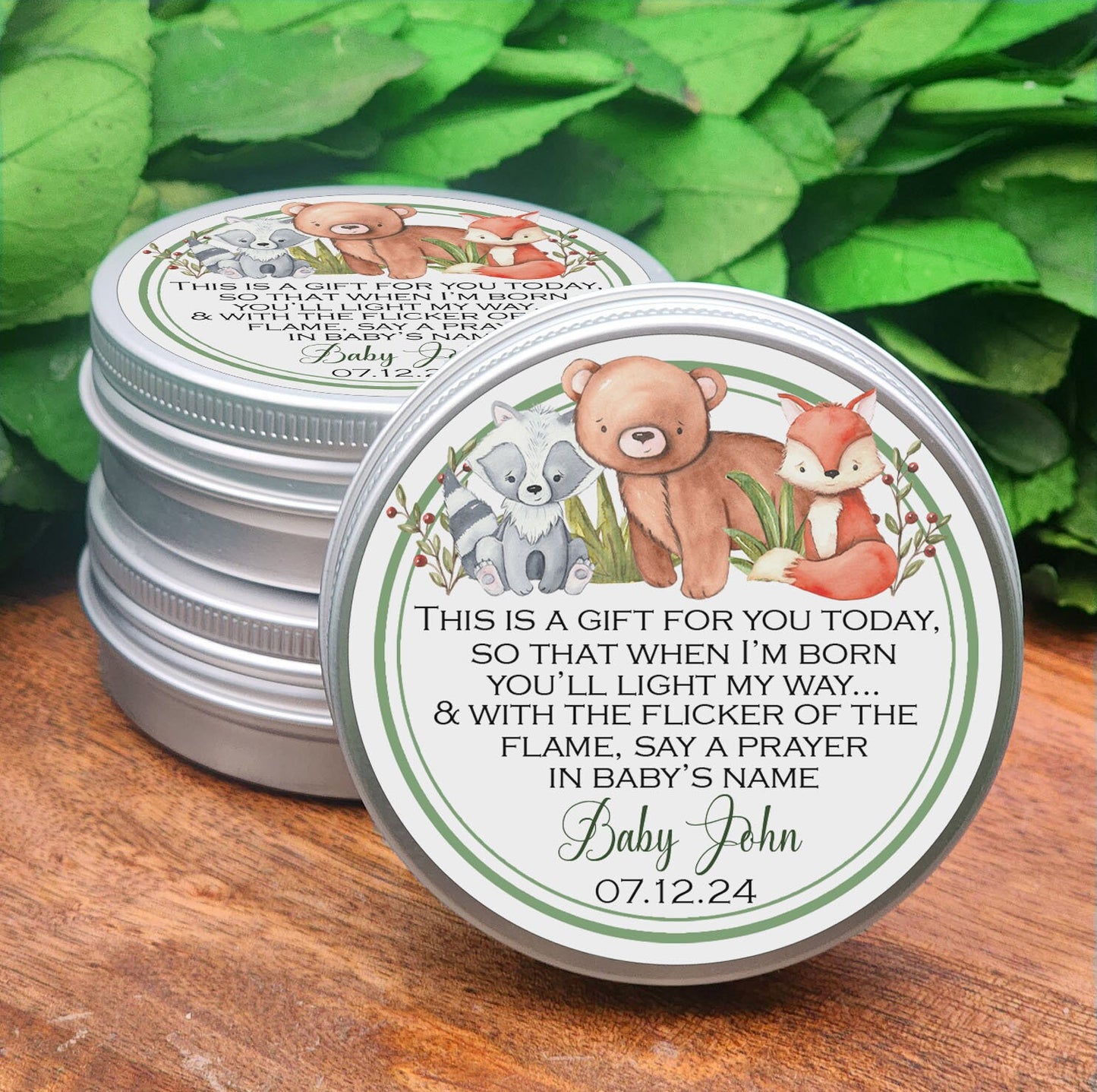 Baby shower woodland theme - woodland theme baby shower - woodland baby shower favors - baby prayer candles - forest baby shower